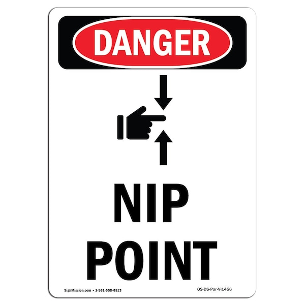 Safety Sign, OSHA Danger, 24" Height, Aluminum, Nip Point, Portrait